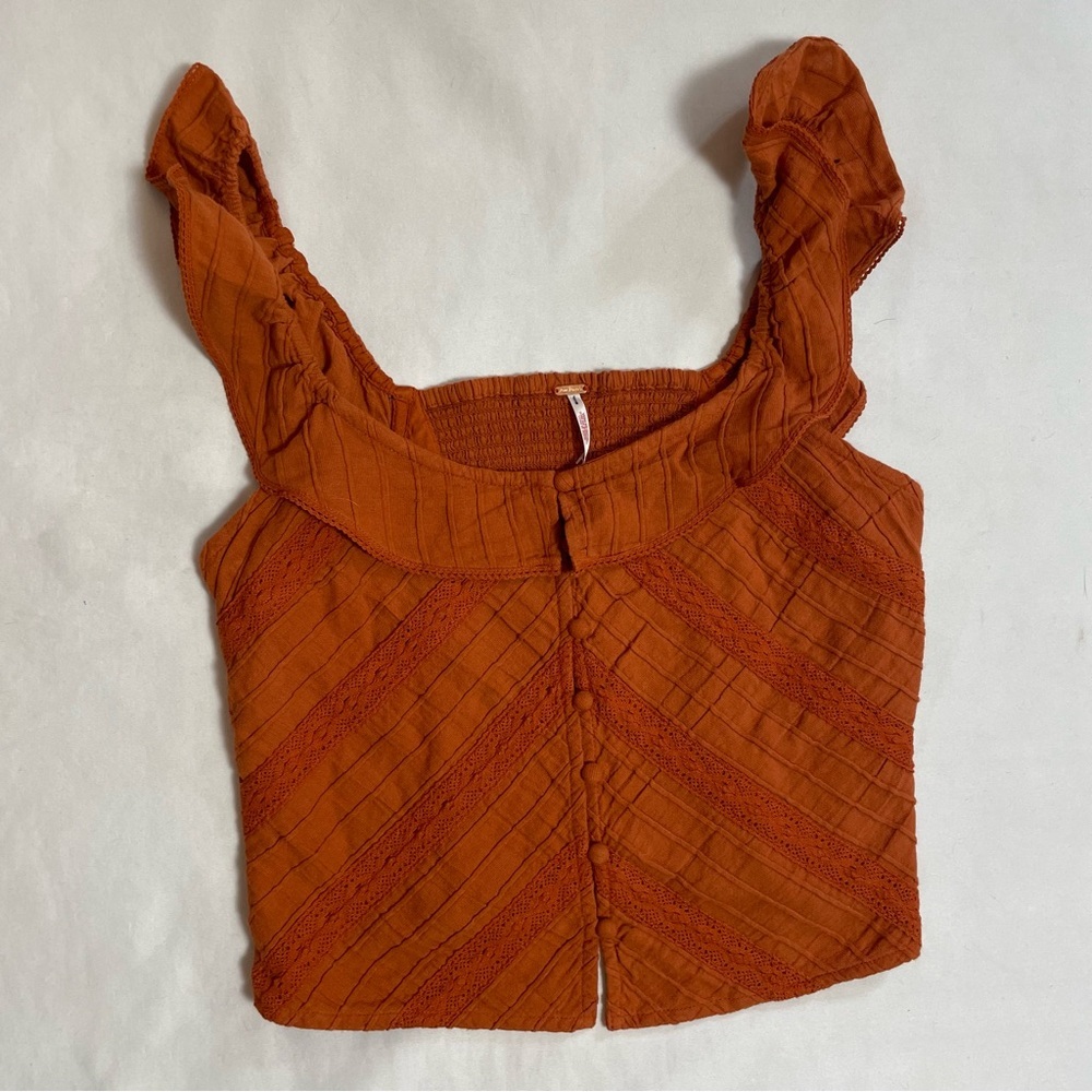 Free People Rust Orange Riviera Ruffled Square-Neck Button Front Crop Top - Picture 6 of 9